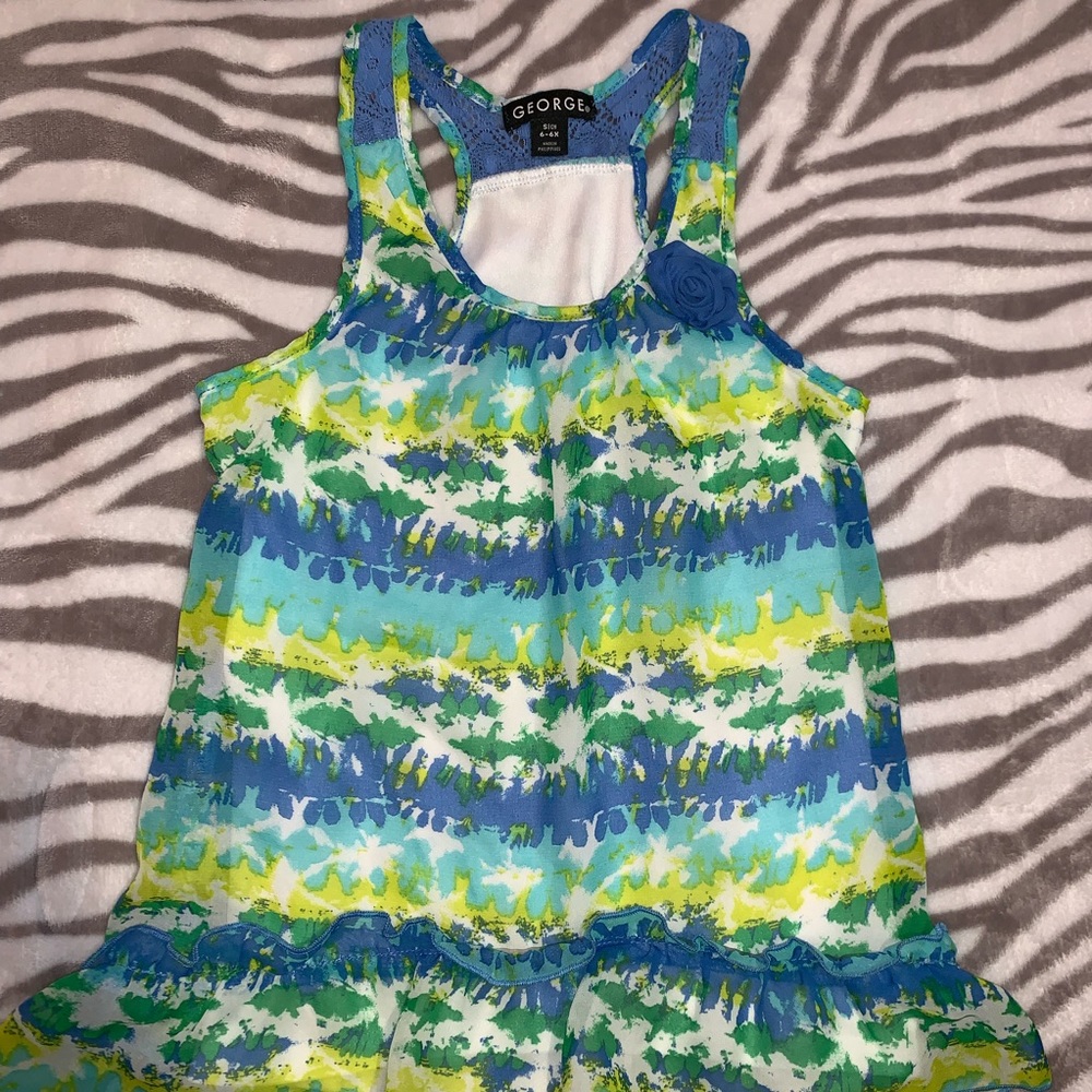 Flowy Floral Blue Green White Shirt Top w Flower